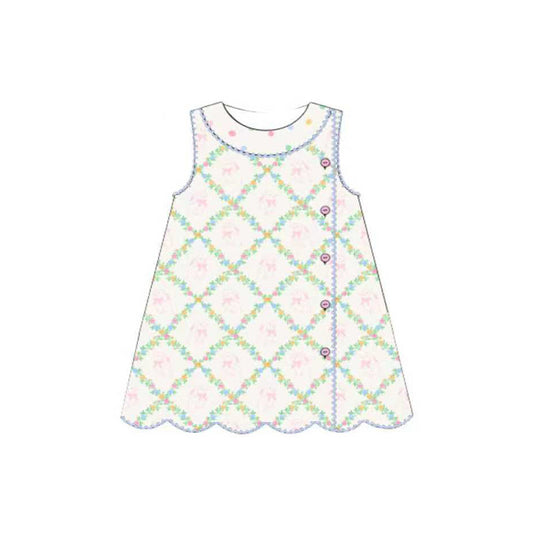 ( Moq 5 ) Preorder Baby Girls Rabbits Bows Floral Buttons Easter Knee Length Dress