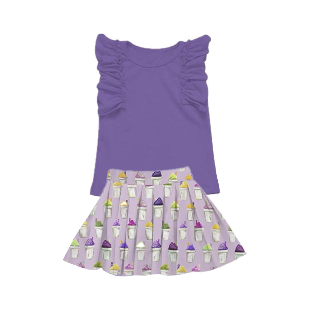 ( Moq 5 ) Preorder Baby Girls Short Sleeve Purple Shirt Skirt Clothes Set