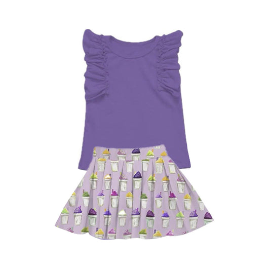 ( Moq 5 ) Preorder Baby Girls Short Sleeve Purple Shirt Skirt Clothes Set