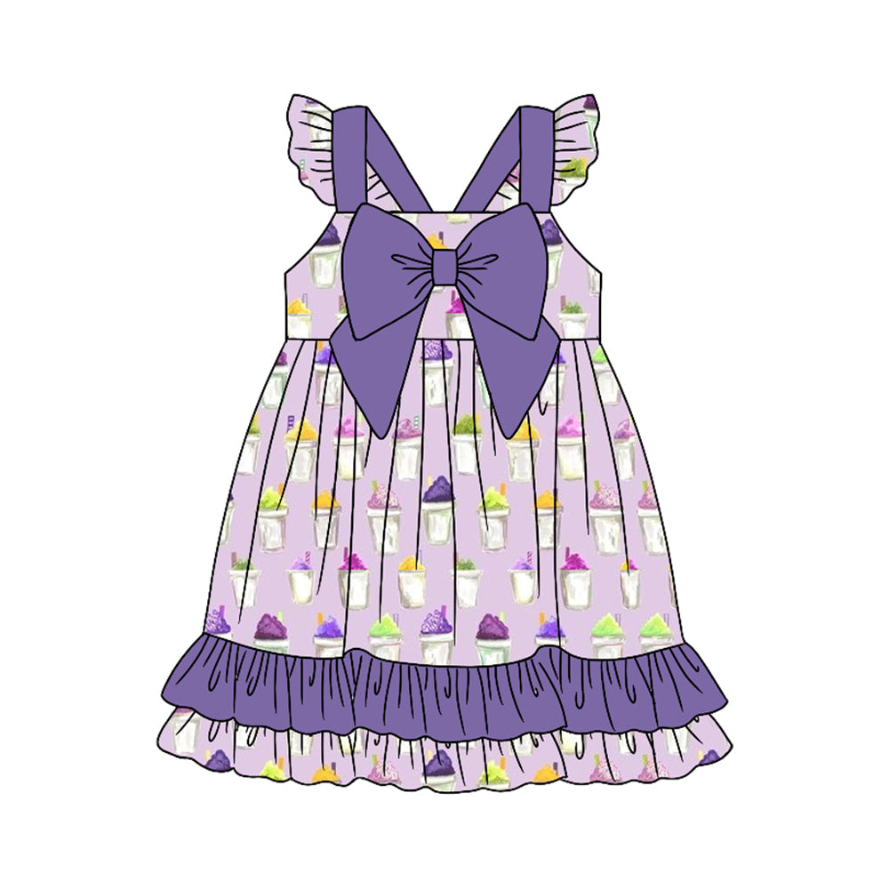 ( Moq 5 ) Preorder Baby Girls Purple Short Sleeves Purple Bow Ruffle Knee Length Dress