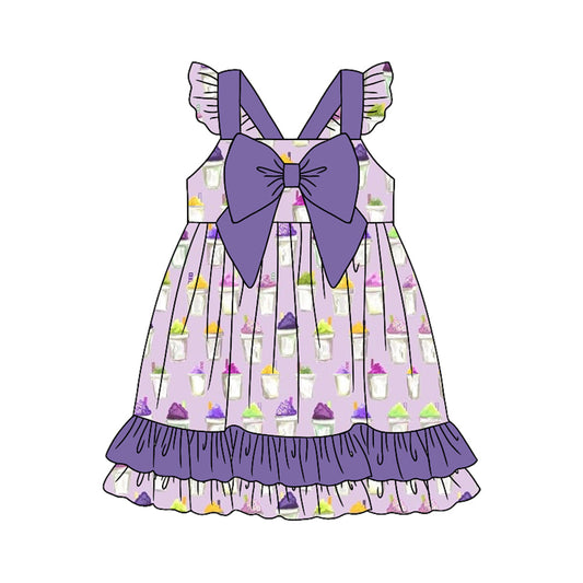 ( Moq 5 ) Preorder Baby Girls Purple Short Sleeves Purple Bow Ruffle Knee Length Dress