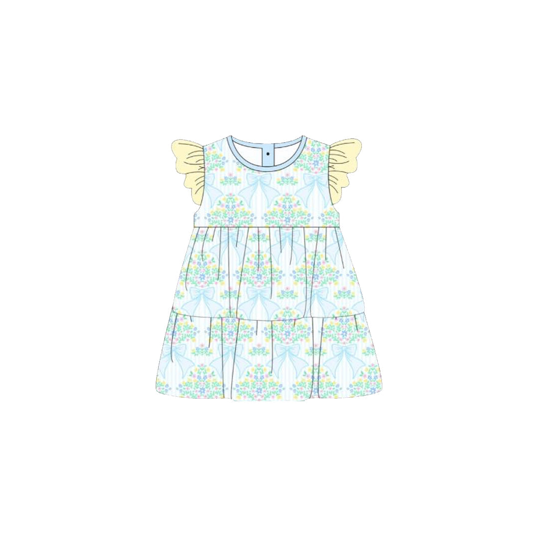 ( Moq 5 ) Preorder Baby Girls Short Sleeves Blue Bows Floral Knee Length Dress