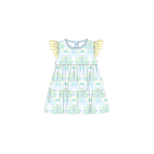 ( Moq 5 ) Preorder Baby Girls Short Sleeves Blue Bows Floral Knee Length Dress