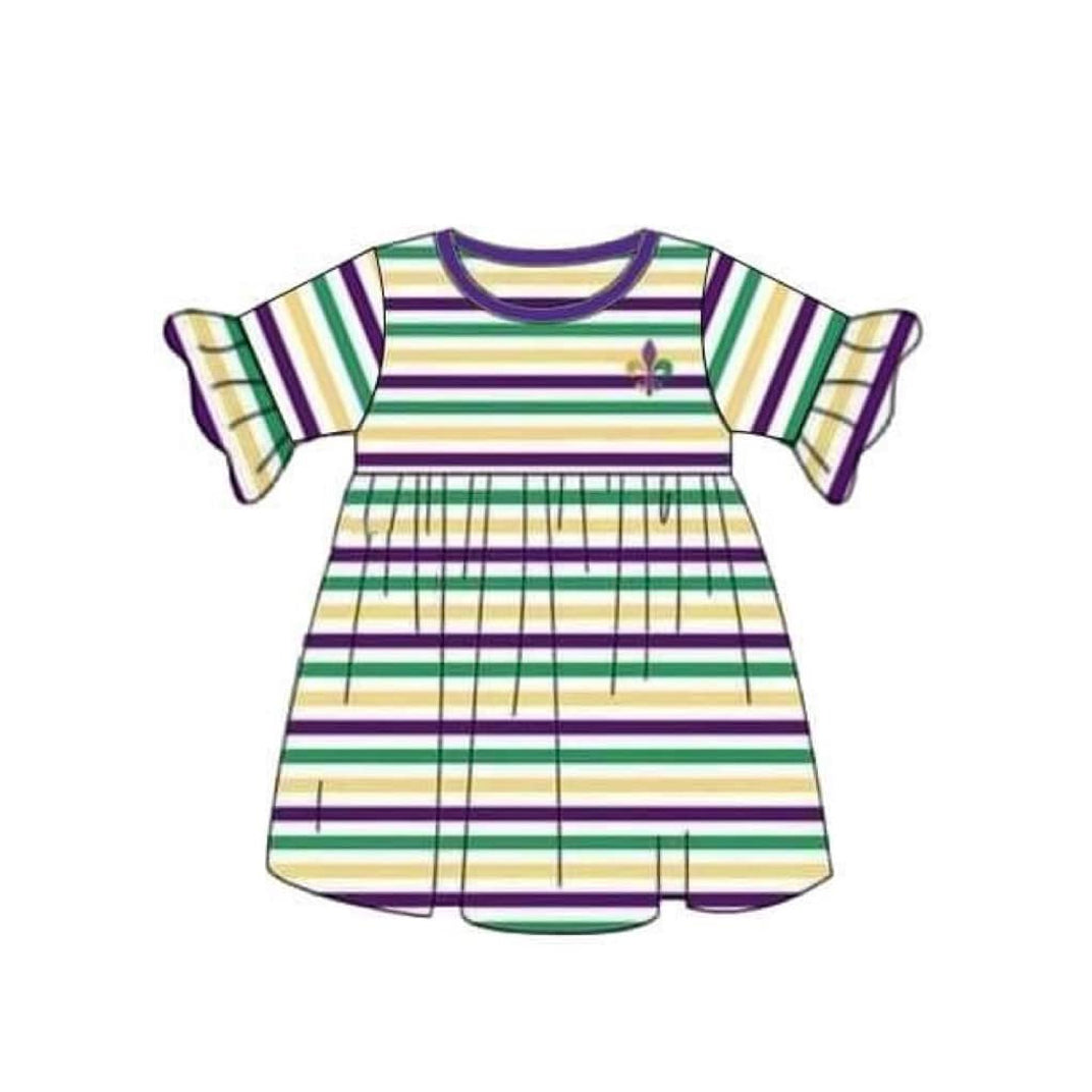 ( Moq 5 ) Preorder Baby Girls Mardi Gras Anchors Stripes Knee Length Dress