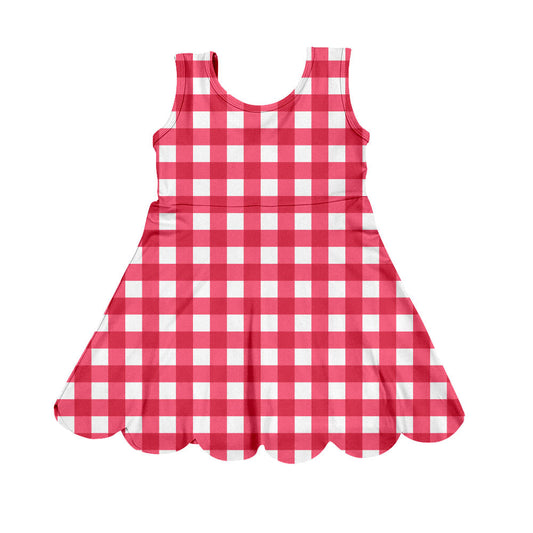 ( Moq 5 ) Preorder Baby Girls Sleeveless Red Plaid Yoga Shorts Knee Length Dress