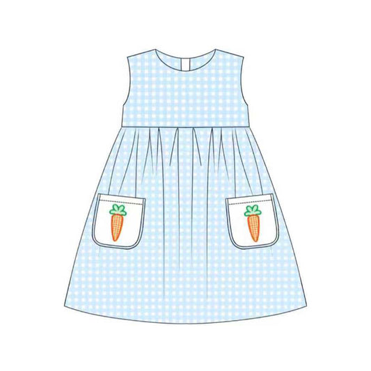( Moq 5 ) Preorder Baby Girls Carrots Pockets Easter Blue Plaid Knee Length Dress