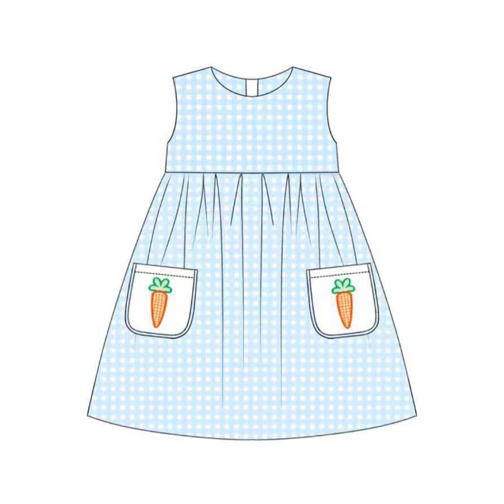 ( Moq 5 ) Preorder Baby Girls Carrots Pockets Easter Blue Plaid Knee Length Dress