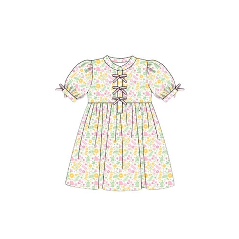 ( Moq 5 ) Preorder Baby Girls Short Sleeves Floral Bows Knee Length Dress