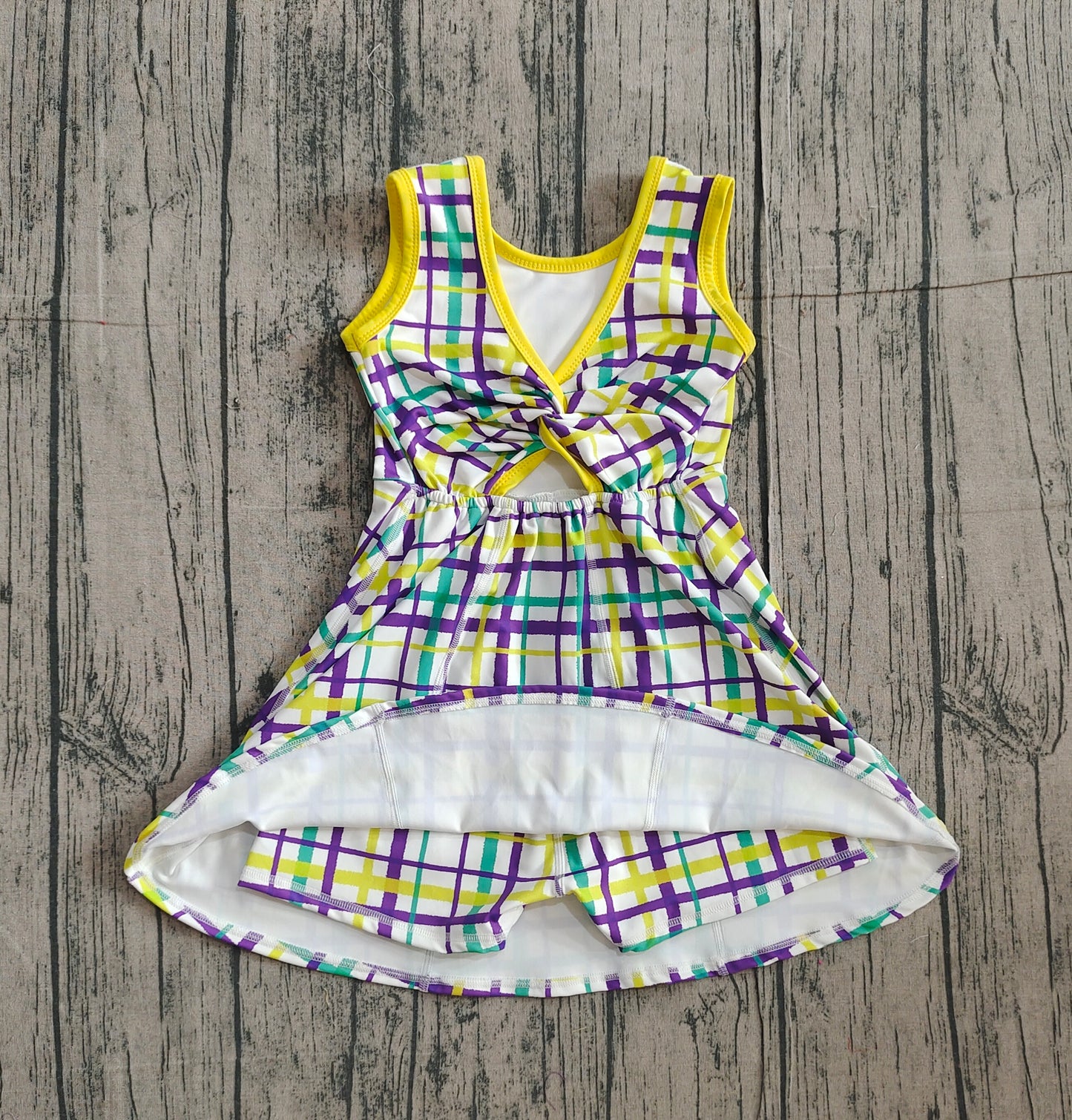 Baby Girls Sleeveless Mardi Gras Plaid Yoga Shorts Knee Length Dress RTS