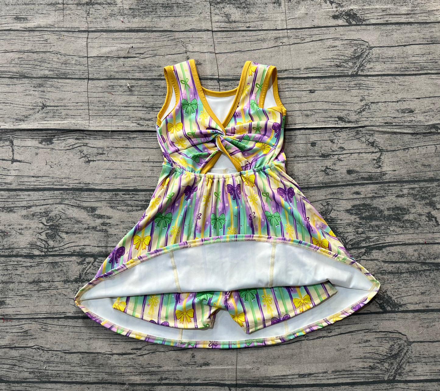 Baby Girls Sleeveless Mardi Gras Bows Stripes Yoga Shorts Knee Length Dress RTS