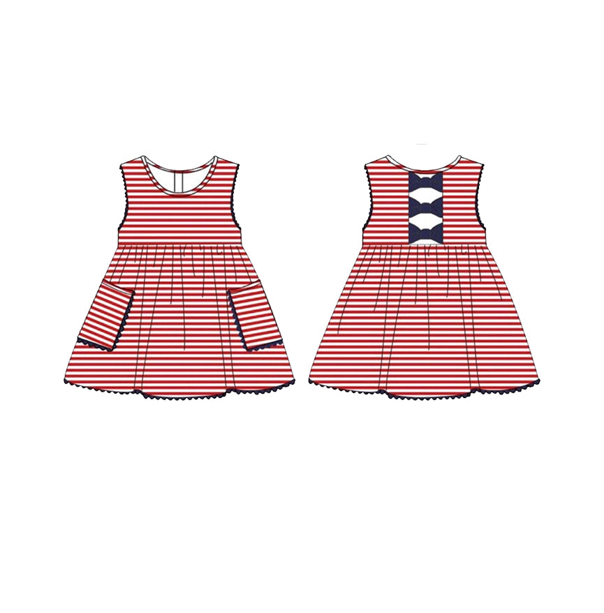 ( Moq 5 ) Preorder Baby Girls Red Stripes Pockets Bows July 4th Knee Length Dress