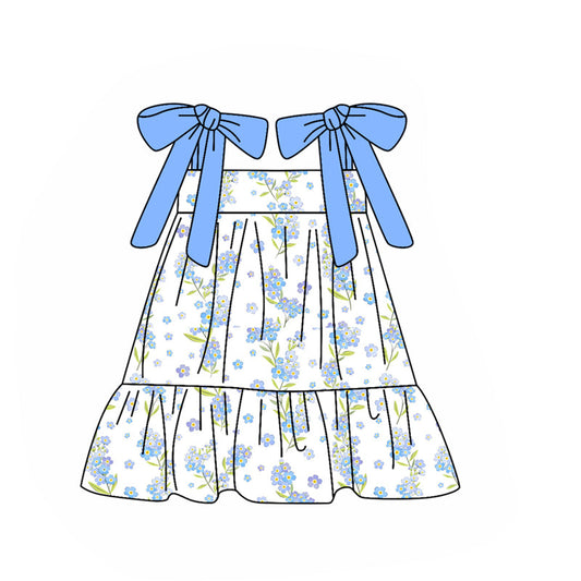 ( Moq 5 ) Preorder Baby Girls Blue Bows Strap Flower Ruffle Knee Length Dress