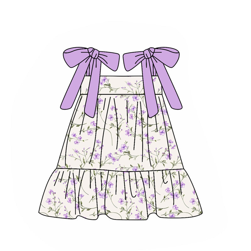 ( Moq 5 ) Preorder Baby Girls Purple Bows Strap Floral Summer Ruffle Knee Length Dress