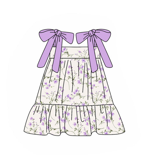 ( Moq 5 ) Preorder Baby Girls Purple Bows Strap Floral Summer Ruffle Knee Length Dress