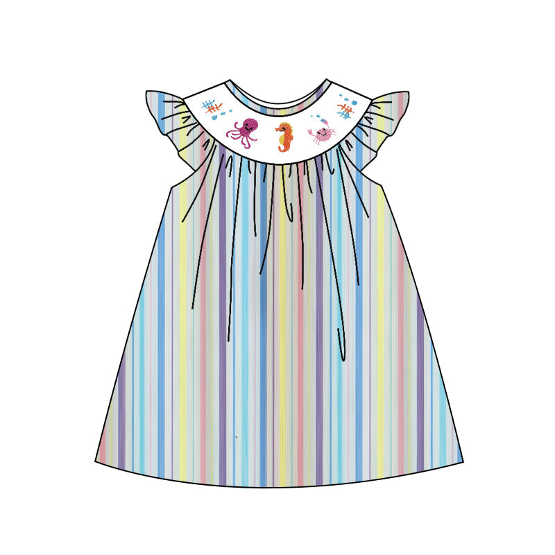 ( Moq 5 ) Preorder Baby Girls Short Sleeves Sea Animals Stripes Knee Length Dress