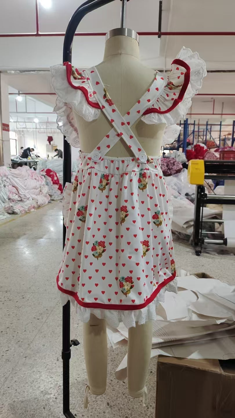 Baby Girls Hearts Flower Valentine Dogs Pockets Knee length Dress RTS