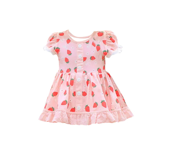 ( Moq 5 ) Preorder Baby Girls Strawberry Flower Ruffle Pink Knee length Dress