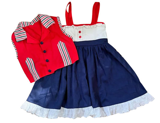( Moq 5 ) Preorder Baby Girls Pockets Buttons Red Tops Straps Dress July 4th Clothes Set