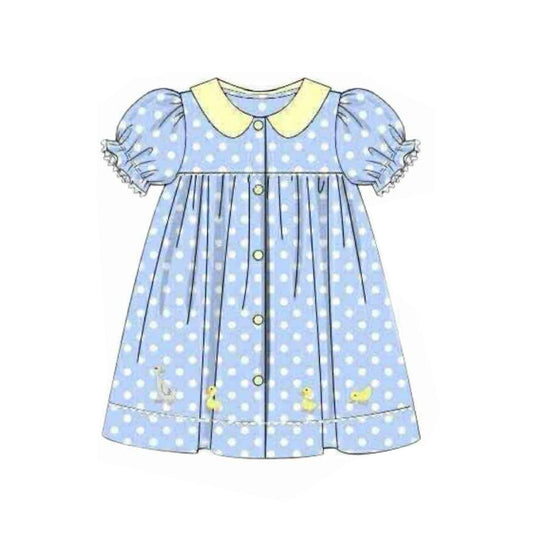 ( Moq 5 ) Preorder Baby Girls Short Sleeves Ducks Dots Buttons Blue Knee length Dress
