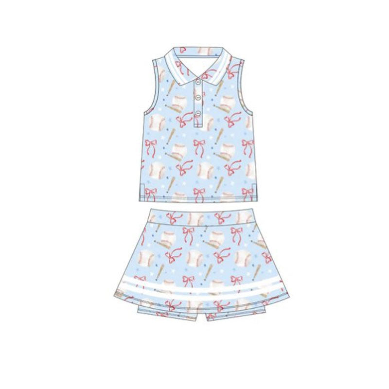 ( Moq 5 ) Preorder Baby Girls Baseball Bows Buttons Tops Skirt Shorts Yoga Clothes Blue Set