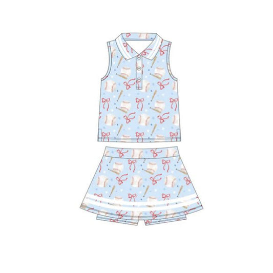 ( Moq 5 ) Preorder Baby Girls Baseball Bows Buttons Tops Skirt Shorts Yoga Clothes Blue Set