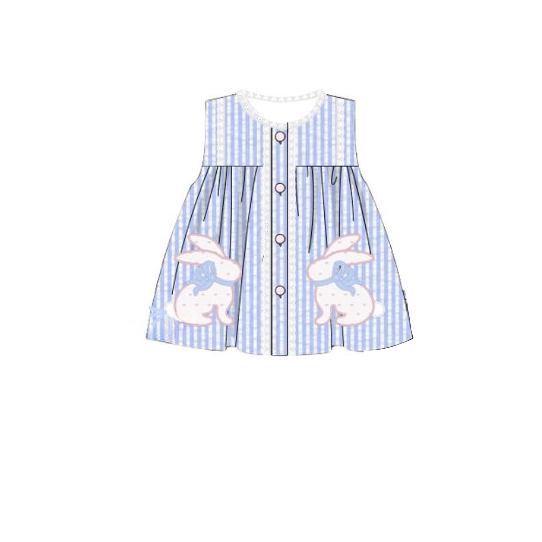 ( Moq 5 ) Preorder Baby Girls Sleeveless Bows Rabbits Stripes Easter Knee Length Dress