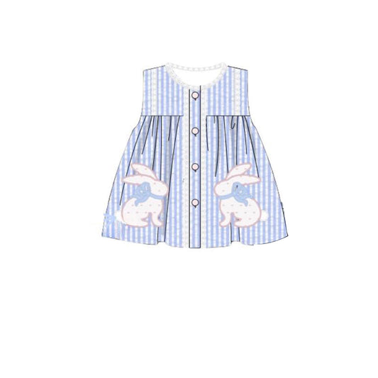 ( Moq 5 ) Preorder Baby Girls Sleeveless Bows Rabbits Stripes Easter Knee Length Dress