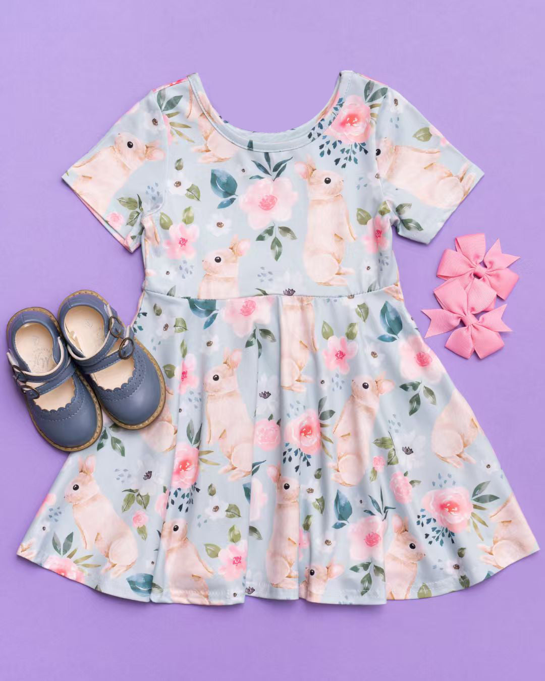 ( Moq 5 ) Preorder Baby Girl Short Sleeves Rabbits Flower Easter Knee Length Dress