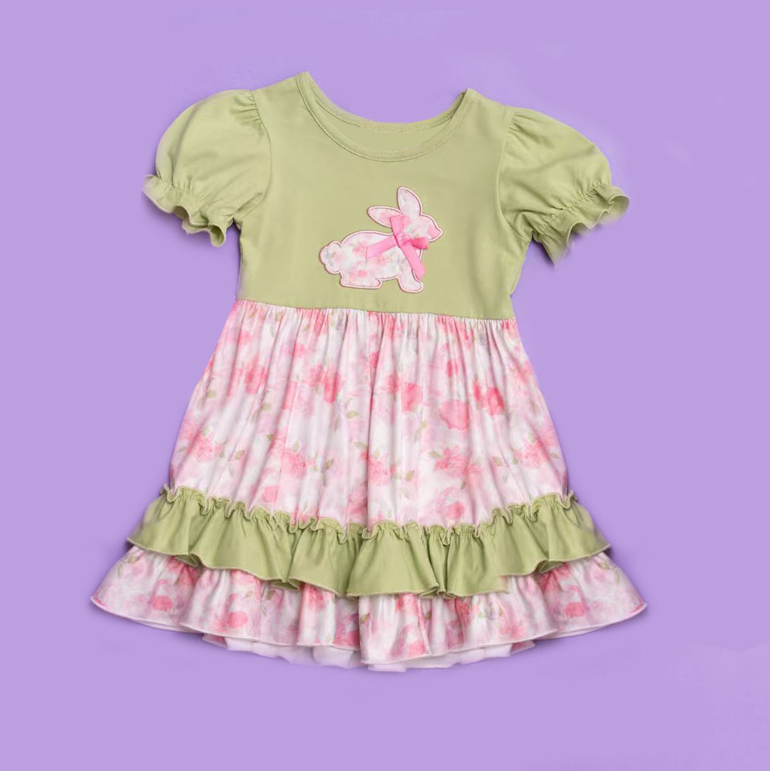 ( Moq 5 ) Preorder Baby Girl Short Sleeves Rabbits Flower Easter Ruffle Knee Length Dress