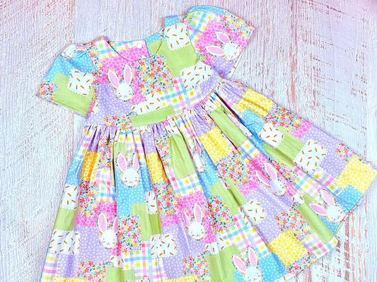 ( Moq 5 ) Preorder Baby Girls Short Sleeves Rabbits Floral Plaid Easter Knee Length Dress