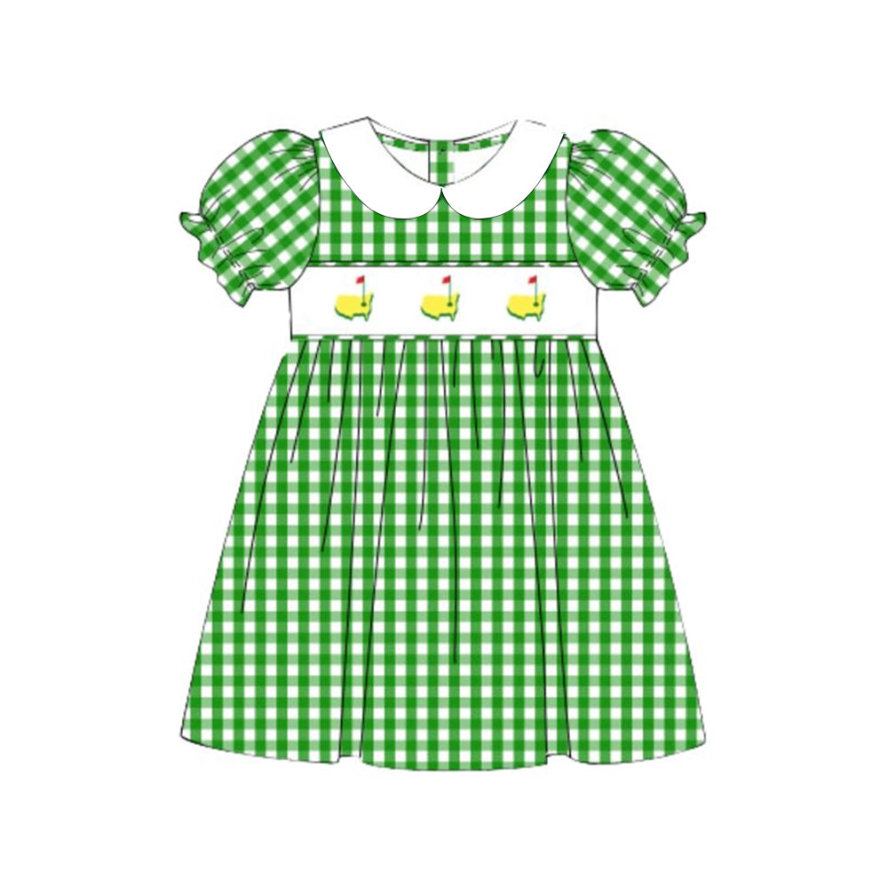 ( Moq 5 ) Preorder Baby Girls Short Sleeves Golf Green Plaid Knee Length Dress