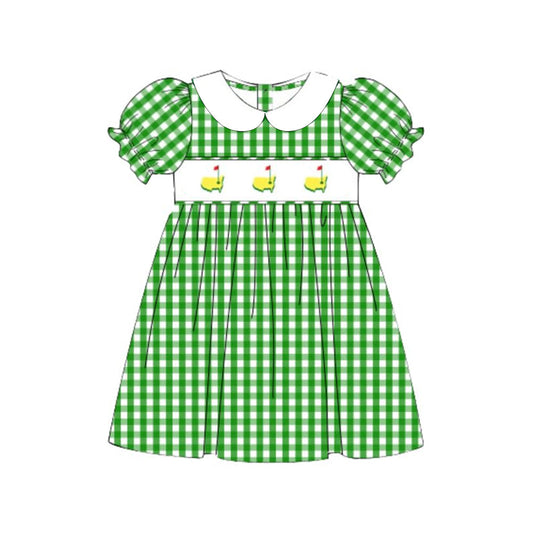 ( Moq 5 ) Preorder Baby Girls Short Sleeves Golf Green Plaid Knee Length Dress