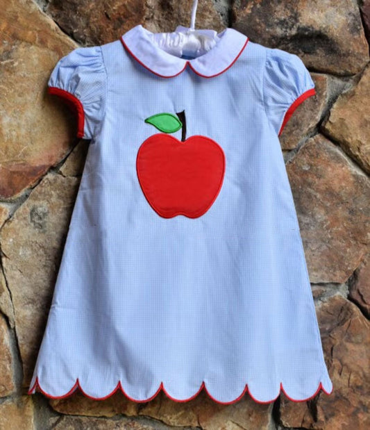 ( Moq 5 ) Preorder Baby Girls Short Sleeves Apple Pattern Back to School Blue Dress