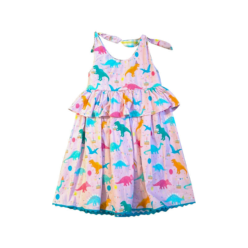 ( Moq 5 ) Preorder Baby Girls Sleeveless Dinosaurs Happy Birthday Ruffle Knee Length Dress