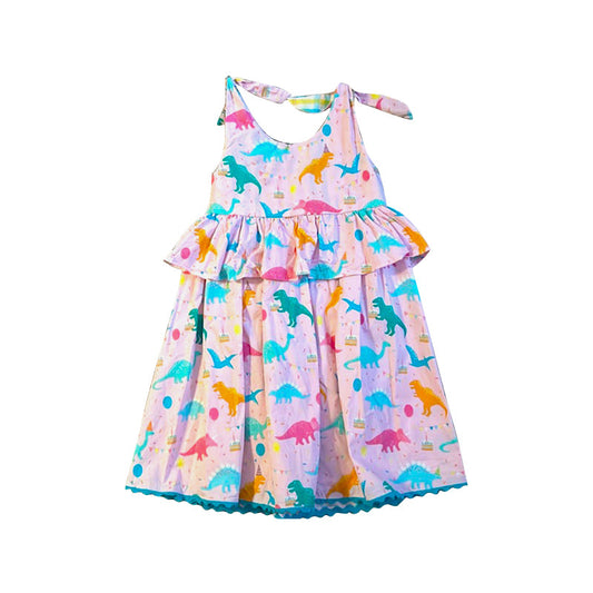 ( Moq 5 ) Preorder Baby Girls Sleeveless Dinosaurs Happy Birthday Ruffle Knee Length Dress