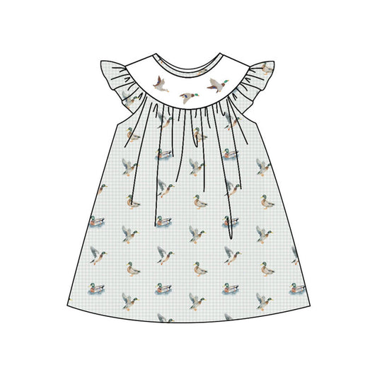 ( Moq 5 ) Preorder Baby Girls Kids Short Sleeves Ducks Plaid Knee Length Dress