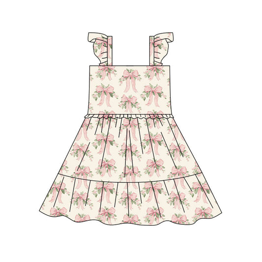 ( Moq 5 ) Preorder Baby Girls Short Sleeves Bows Flower Ruffle Knee Length Dress
