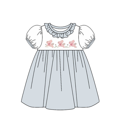 ( Moq 5 ) Preorder Baby Girls Short Sleeves Rabbits Easter Knee length Ruffle Dress