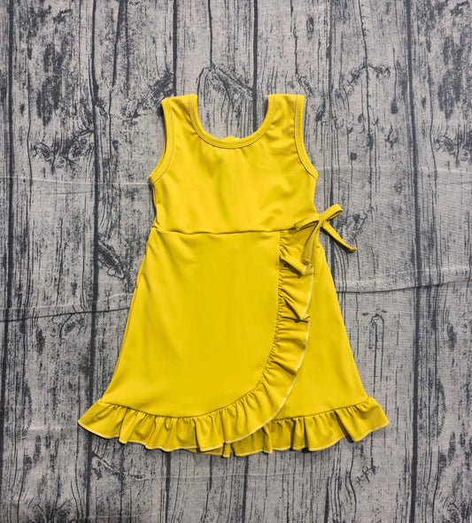 ( No moq ) Preorder Baby Girls Sleeveless Ruffle Knee Length Yoga Yellow Dress with Shorts