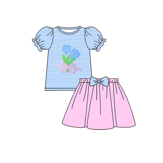 ( Moq 5 ) Preorder Baby Girls Short Sleeves Flower Bows Stripes Tops Pink Skirt Clothes Set