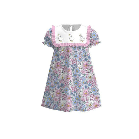 ( Moq 5 ) Preorder Baby Girls Short Sleeves Ducks Flower Ruffle Knee Length Dress