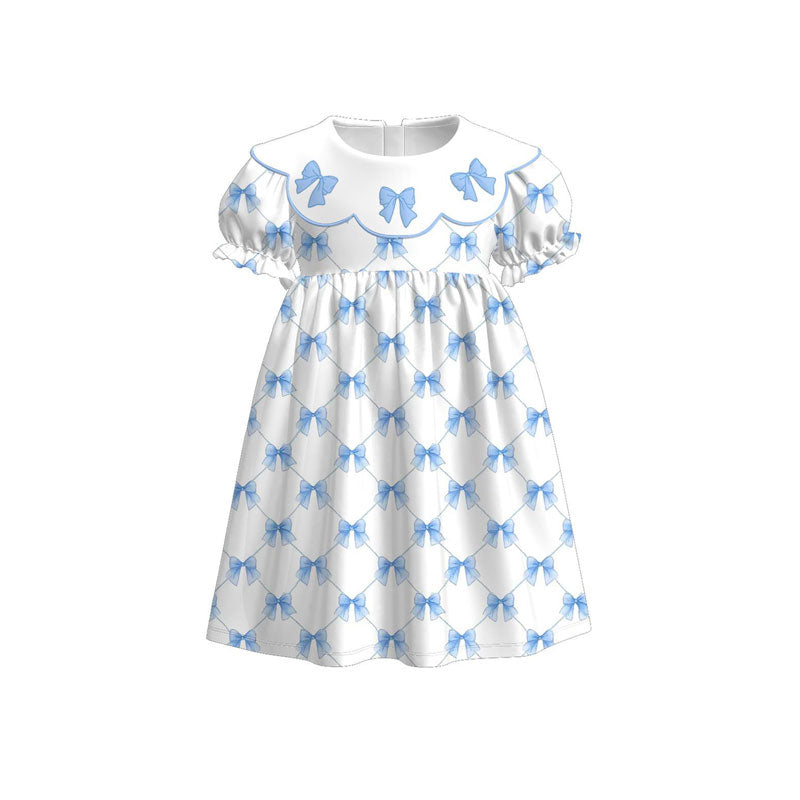 ( Moq 5 ) Preorder Baby Girls Short Sleeves Blue Bows Knee Length Dress