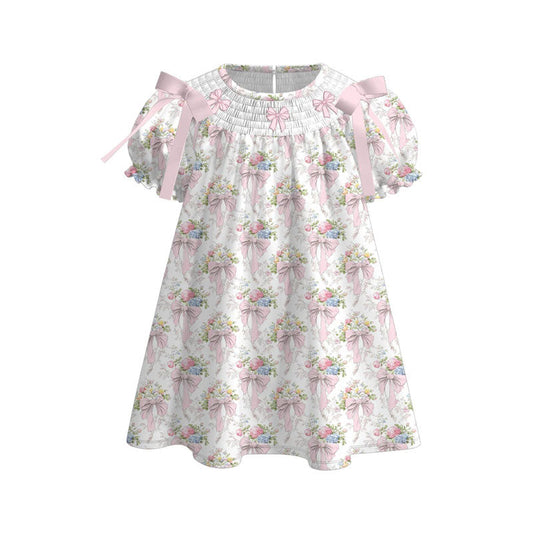 ( Moq 5 ) Preorder Baby Girls Short Sleeves Floral Pink Bows Knee Length Dress