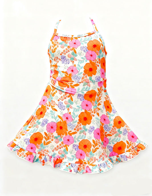 ( Moq 5 ) Preorder Baby Girls Sleeveless Flower Ruffle Knee Length Yoga Dress