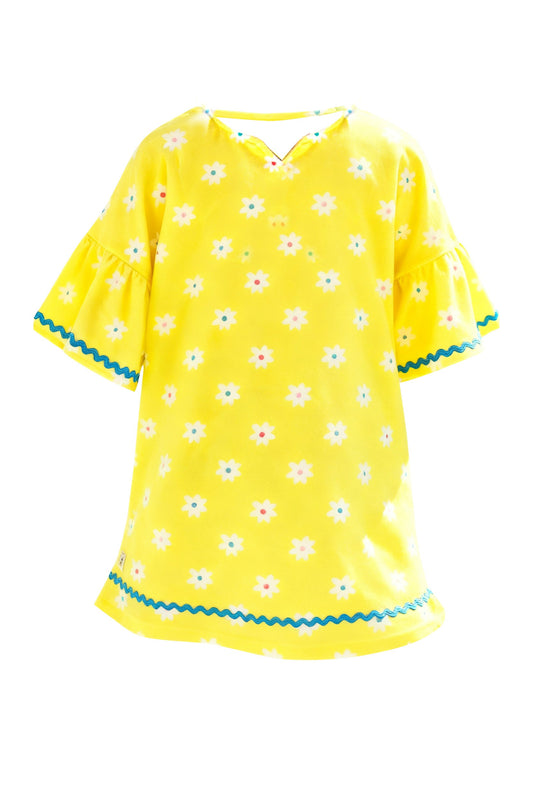 ( Moq 5 ) Preorder Baby Girls Short Sleeves Yellow Flower Knee Length Dress