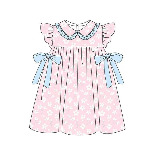( Moq 5 ) Preorder Baby Girls Short Sleeves Flower Bows Pink Knee Length Dress