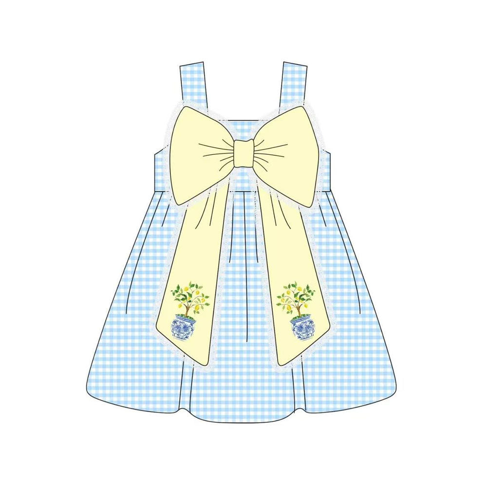( Moq 5 ) Preorder Baby Girls Straps Flower Bows Blue Plaid Knee Length Dress