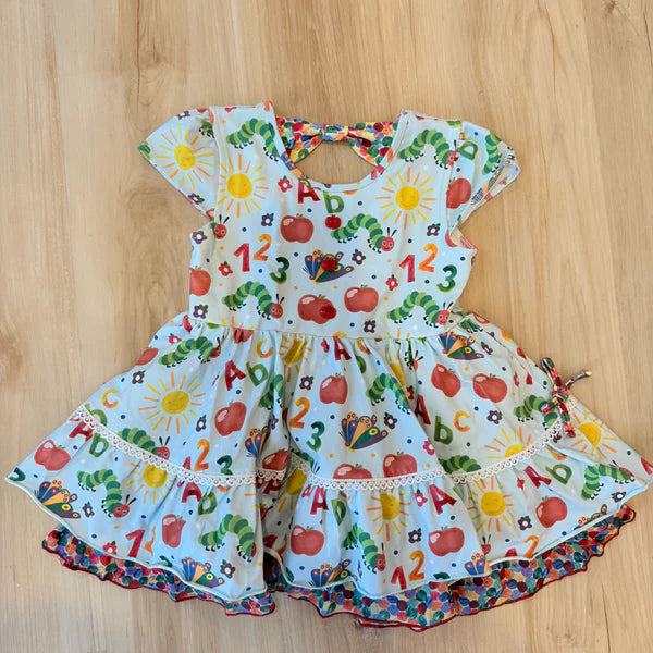 ( Moq 5 ) Preorder Baby Girls Short Sleeves Apple Back to School Ruffle Knee Length Dress