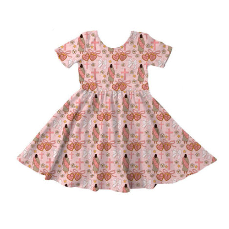 ( Moq 5 ) Preorder Baby Girls Short Sleeves Crosses Hearts Easter Knee Length Dress