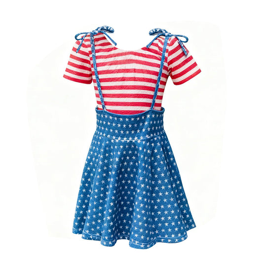( Moq 5 ) Preorder Baby Girls Short Sleeves Red Stripes Tops Blue Stars Suspender Skirt Set